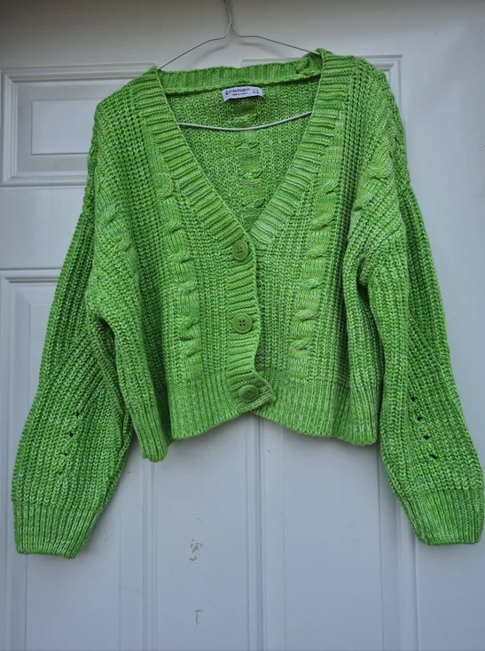 Bright Green Cropped Colorful Knit Button Front Relaxed Fit Cardigan Sweater - Picture 7 of 8
